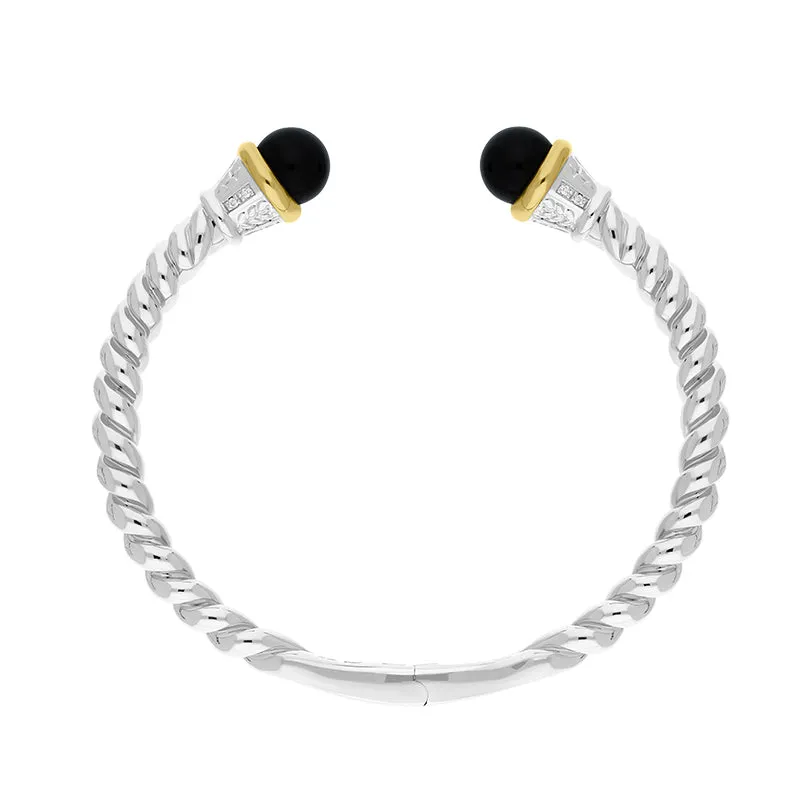 Sterling Silver Whitby Jet Bead Hinged Torc Twist Bangle
