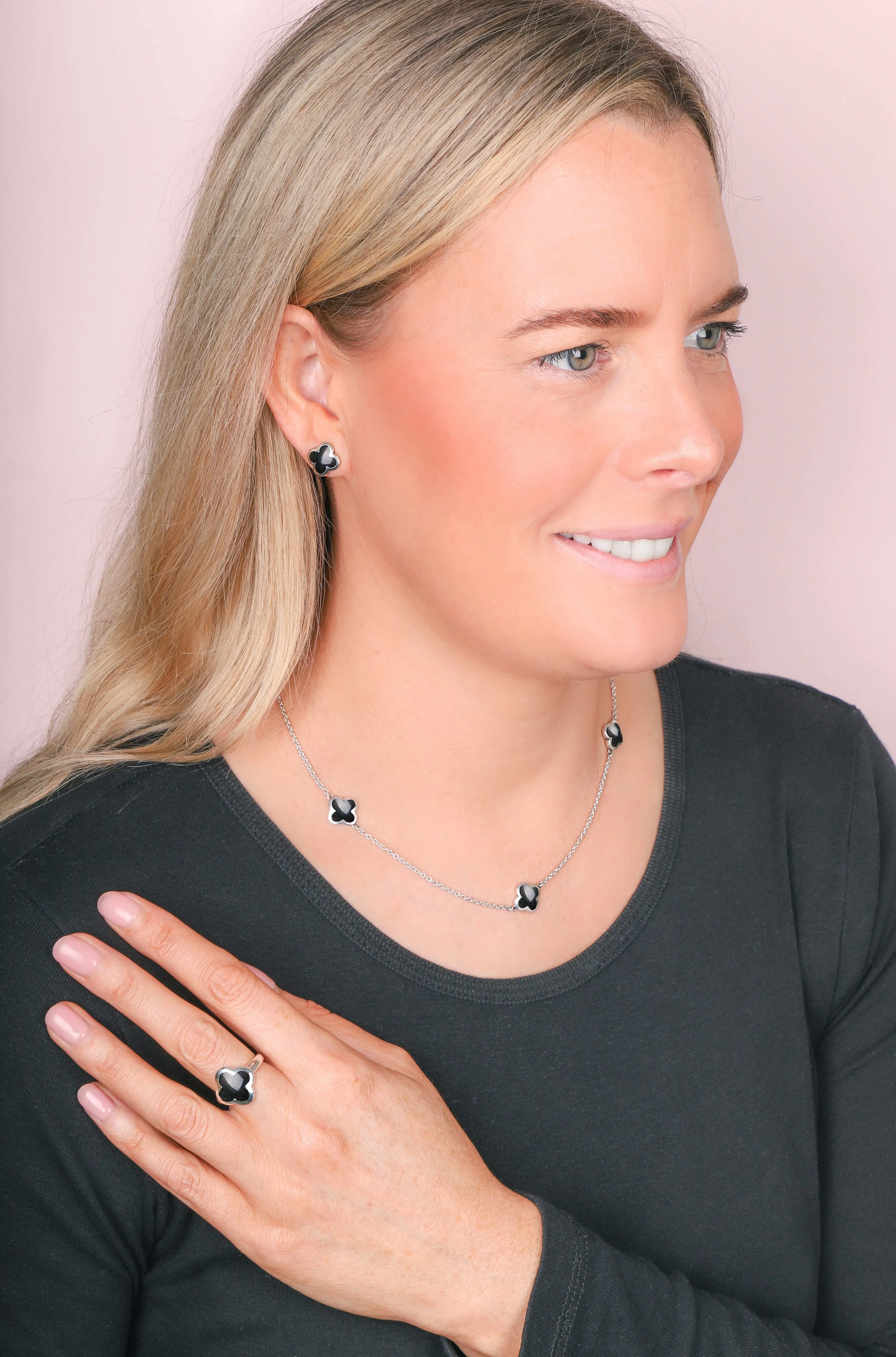 Sterling Silver Whitby Jet Bloom Four Leaf Clover Stud Earrings