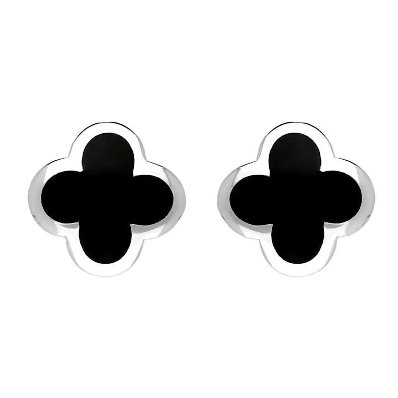 Sterling Silver Whitby Jet Bloom Four Leaf Clover Stud Earrings