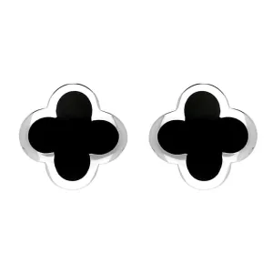 Sterling Silver Whitby Jet Bloom Four Leaf Clover Stud Earrings