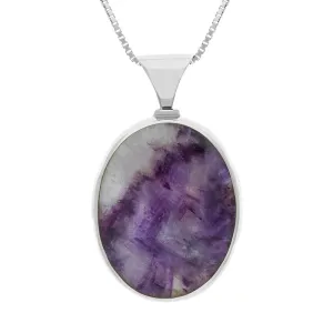 Sterling Silver Whitby Jet Blue John King's Coronation Hallmark Double Sided Oval Necklace D