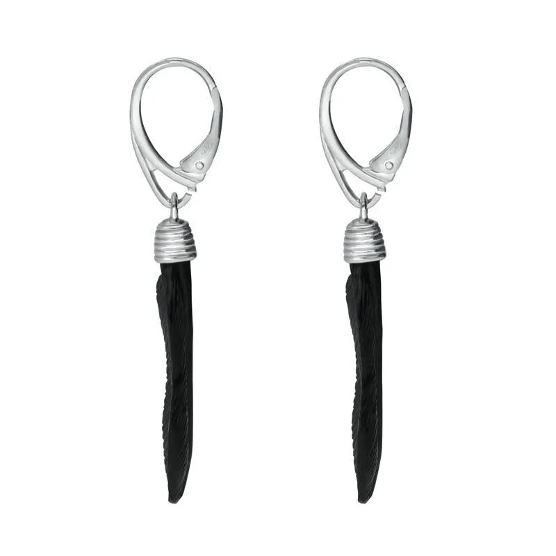 Sterling Silver Whitby Jet Carved Feather Drop Earrings