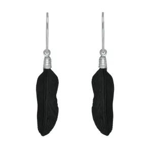 Sterling Silver Whitby Jet Carved Feather Drop Earrings