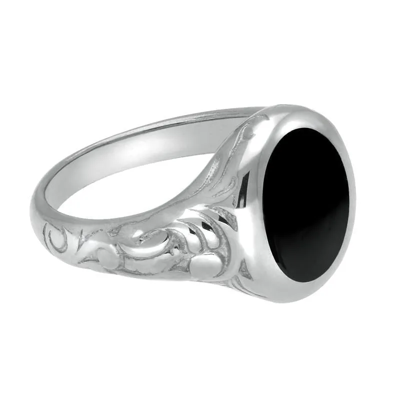 Sterling Silver Whitby Jet Carved Shoulder Oval Signet Ring