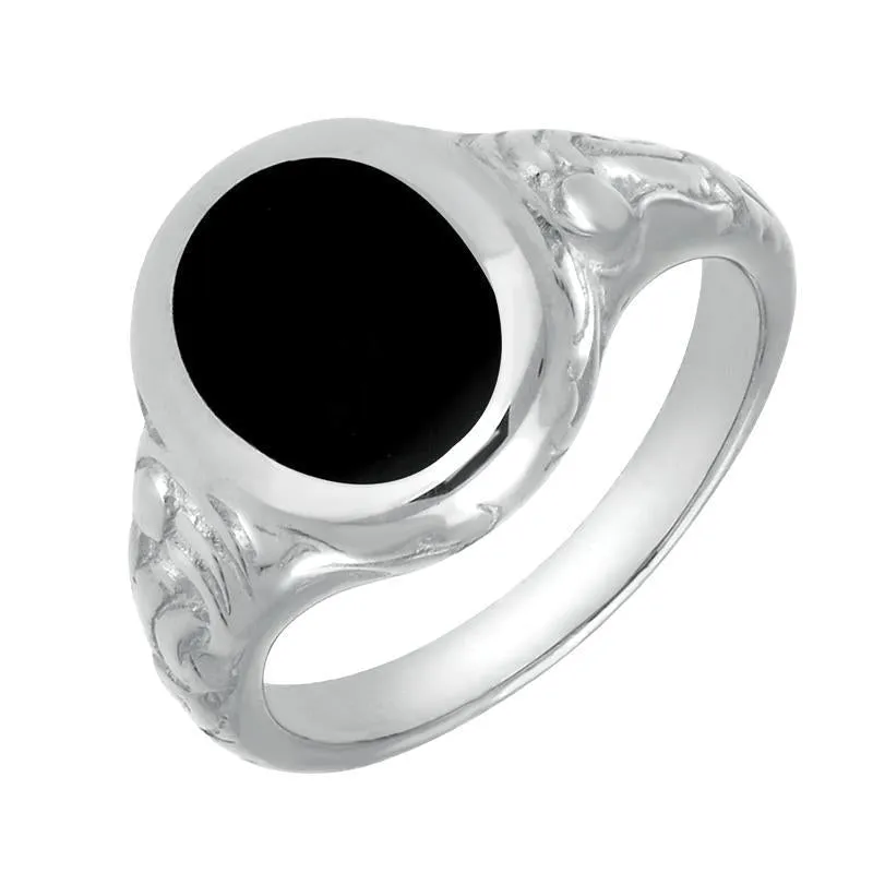 Sterling Silver Whitby Jet Carved Shoulder Oval Signet Ring