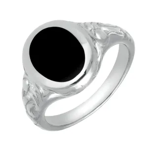 Sterling Silver Whitby Jet Carved Shoulder Oval Signet Ring