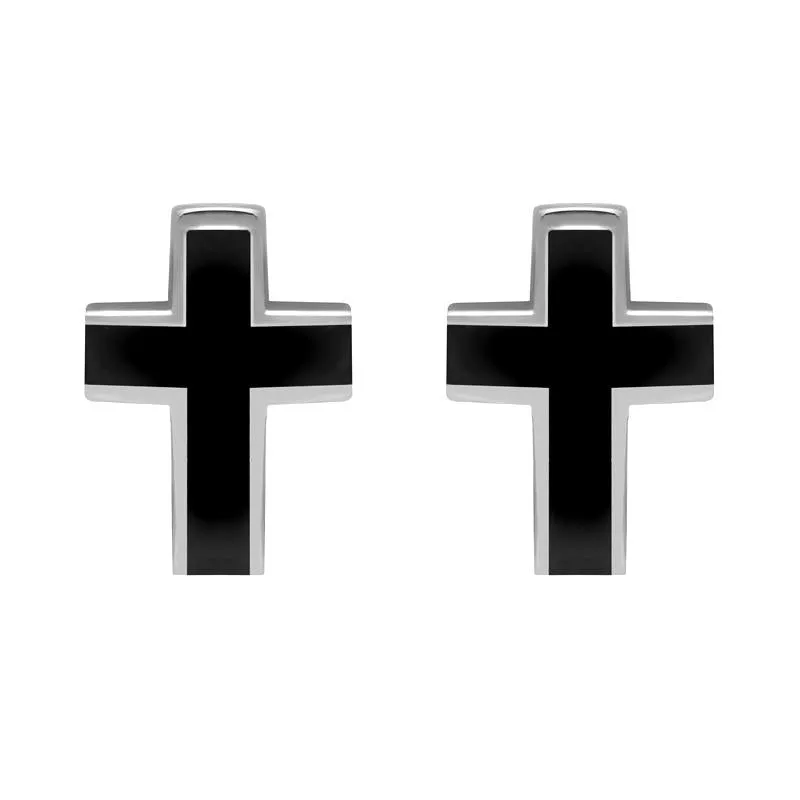 Sterling Silver Whitby Jet Channel Set Cross Stud Earrings D