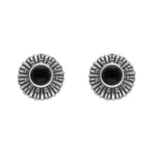 Sterling Silver Whitby Jet Chunky Pattern Edge Omega Clip Earrings D