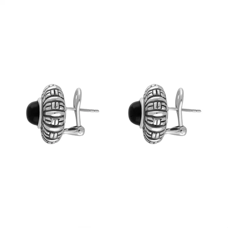 Sterling Silver Whitby Jet Chunky Pattern Edge Omega Clip Earrings D