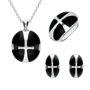 Sterling Silver Whitby Jet Cross Ball Three Piece Set