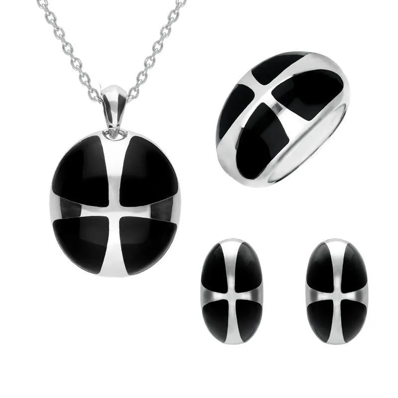 Sterling Silver Whitby Jet Cross Ball Three Piece Set