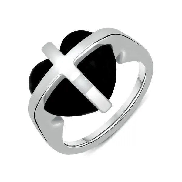 Sterling Silver Whitby Jet Cross Heart Ring
