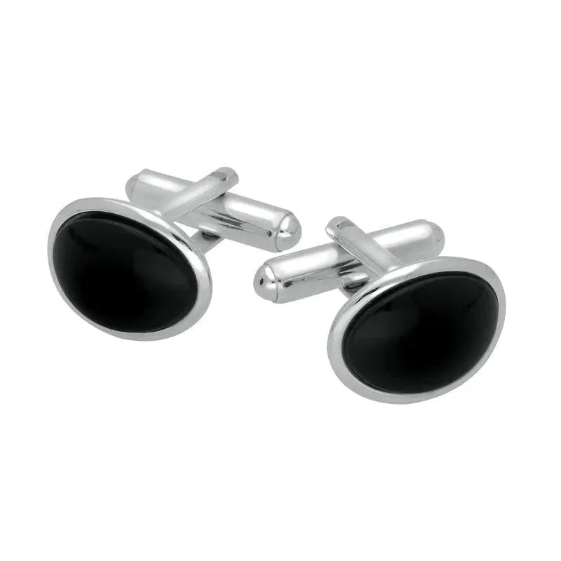 Sterling Silver Whitby Jet Curved Oval Cufflinks