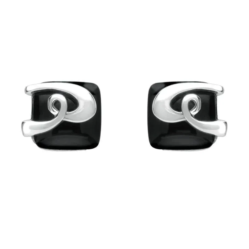 Sterling Silver Whitby Jet Cushion Pattern Stud Earrings