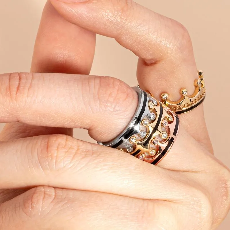 Sterling Silver Whitby Jet Diamond Tiara Patterned Band Ring