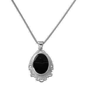 Sterling Silver Whitby Jet Edwardian Oval Drop Necklace