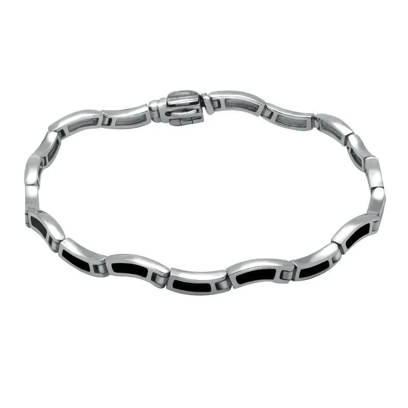 Sterling Silver Whitby Jet Eighteen Stone Wavy Link Bracelet