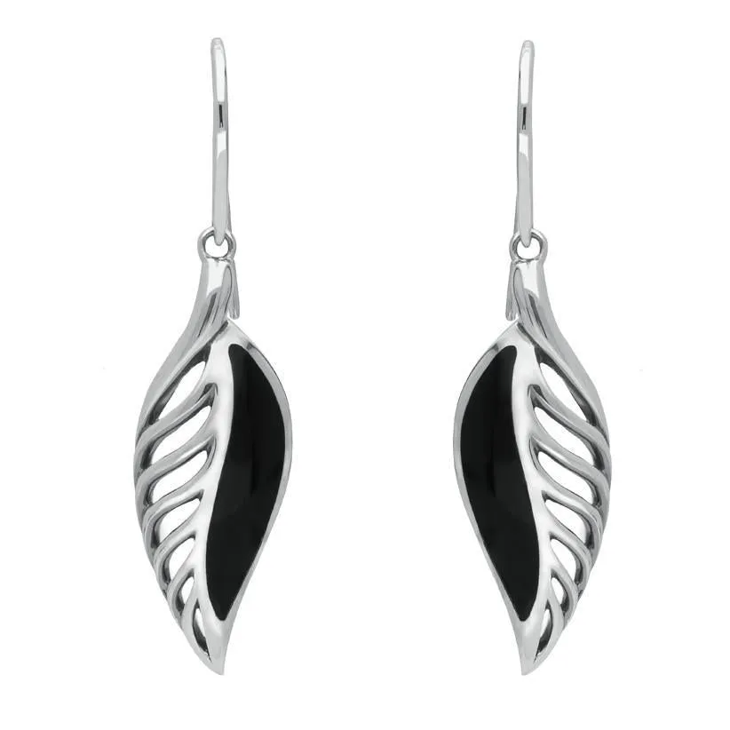 Sterling Silver Whitby Jet Essence Leaf Hook Drop Earrings