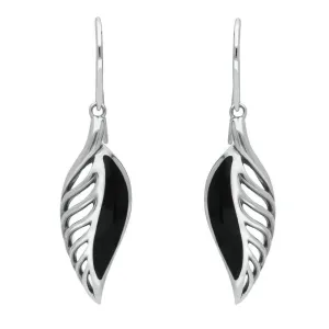 Sterling Silver Whitby Jet Essence Leaf Hook Drop Earrings