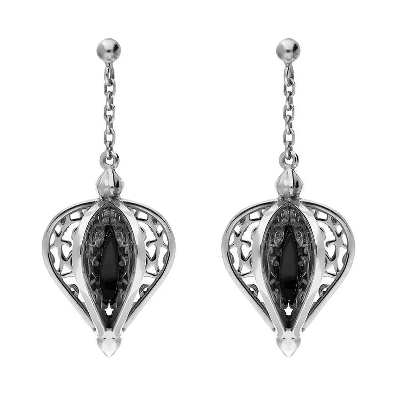 Sterling Silver Whitby Jet Flore Filigree Drop Earrings