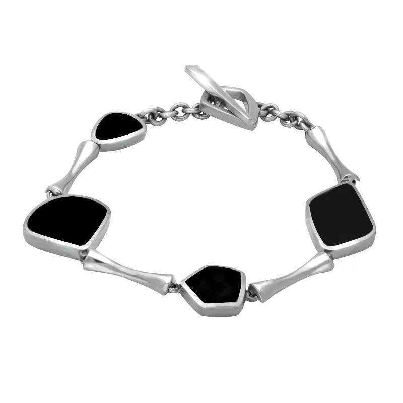 Sterling Silver Whitby Jet Four Stone Organic T Bar Bracelet