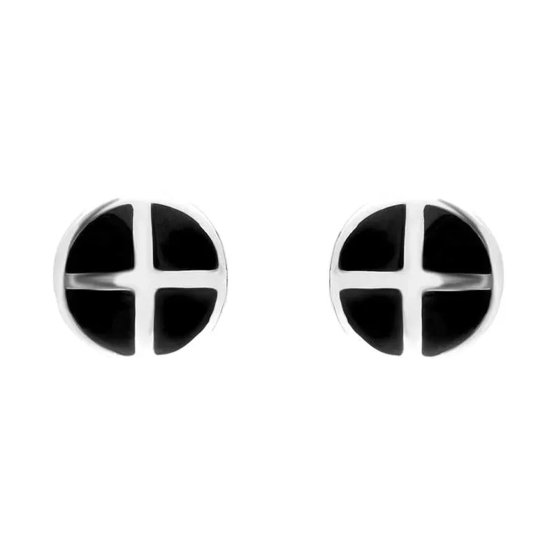 Sterling Silver Whitby Jet Four Stone Round Cross Stud Earrings