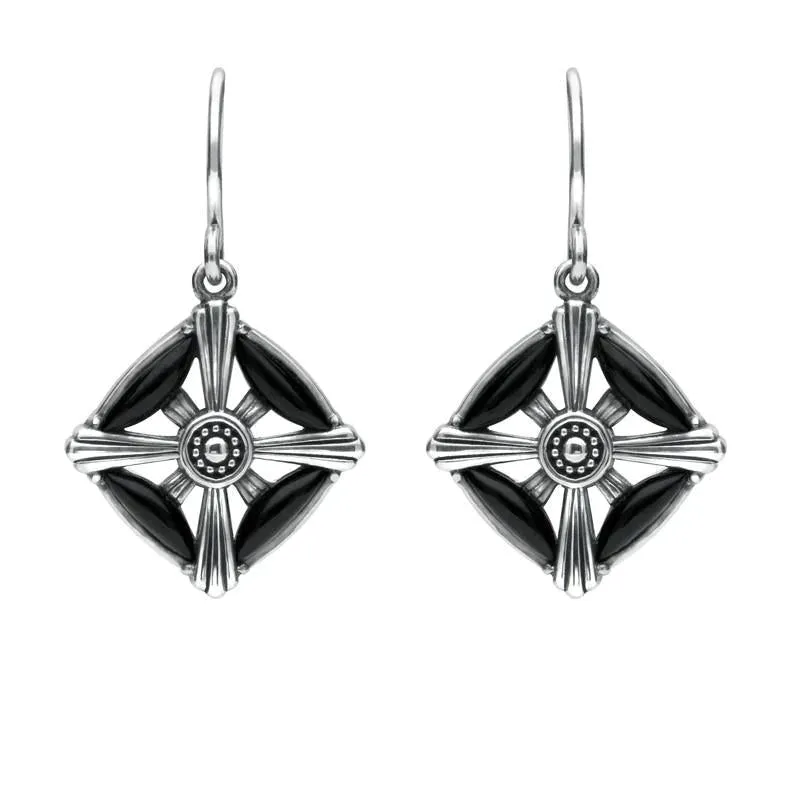 Sterling Silver Whitby Jet Four Stone Square Cross Drop Earrings