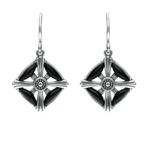 Sterling Silver Whitby Jet Four Stone Square Cross Drop Earrings