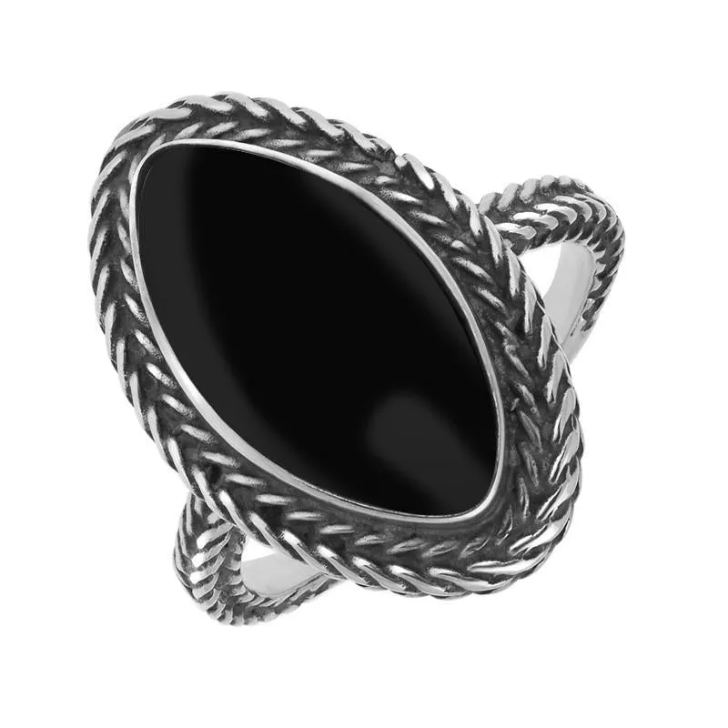 Sterling Silver Whitby Jet Foxtail Marquise Ring D
