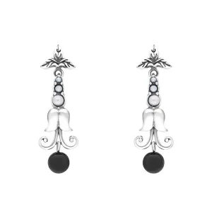 Sterling Silver Whitby Jet Freshwater Pearl Scrollwork Drop Earrings