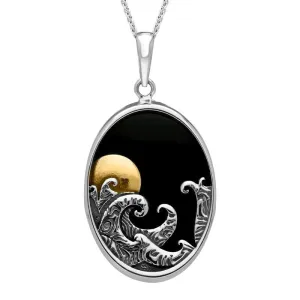 Sterling Silver Whitby Jet Gold Plated Moon Waves Oval Necklace