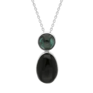 Sterling Silver Whitby Jet Green Tourmaline Round Oval Two Stone Necklace