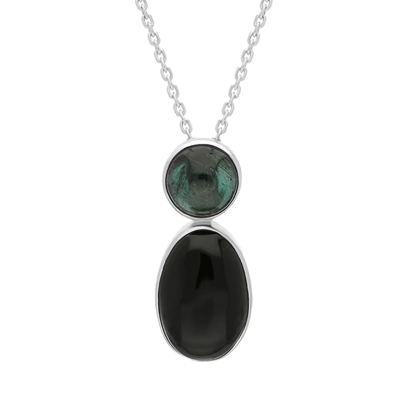 Sterling Silver Whitby Jet Green Tourmaline Round Oval Two Stone Necklace