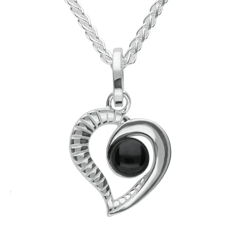 Sterling Silver Whitby Jet Half Ridged Heart Necklace