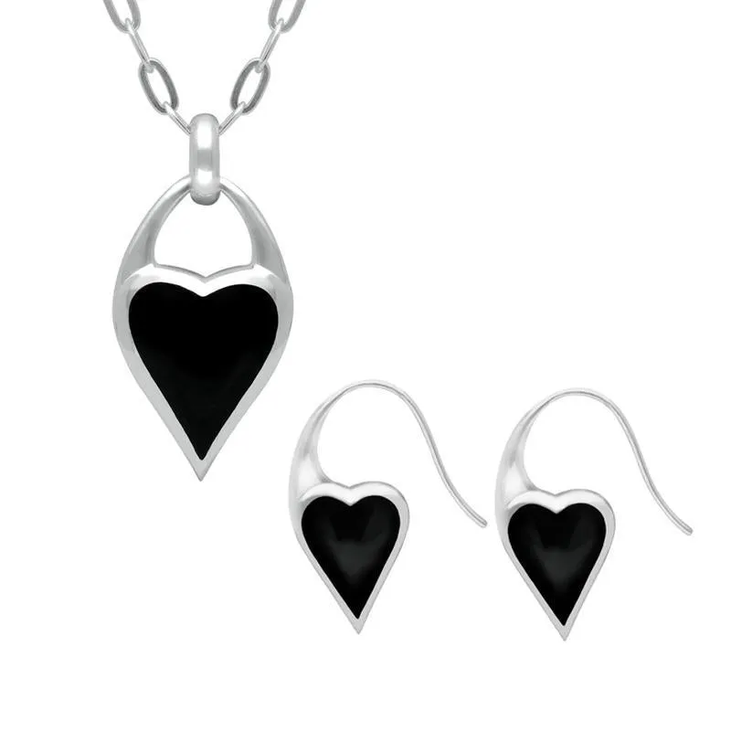 Sterling Silver Whitby Jet Heart Carrier Two Piece Set