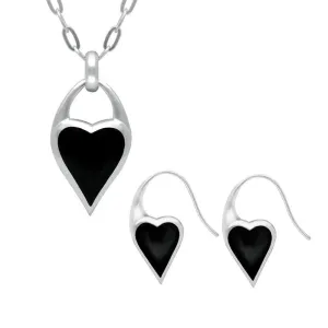 Sterling Silver Whitby Jet Heart Carrier Two Piece Set