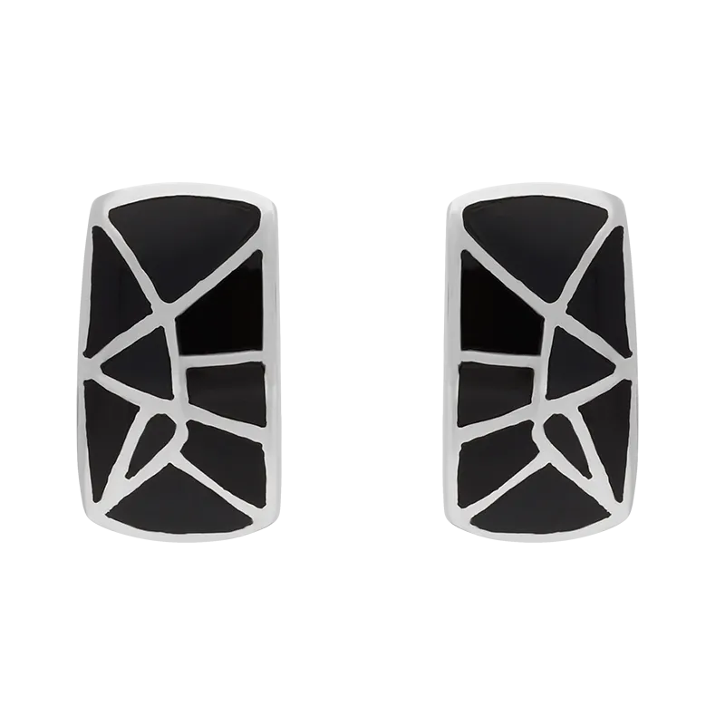 Sterling Silver Whitby Jet Inlaid Abstract Curved Oblong Stud Earrings