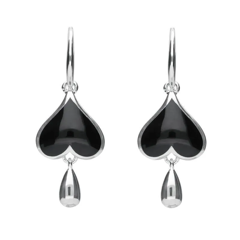 Sterling Silver Whitby Jet Inverted Heart Teardrop Hook Earrings