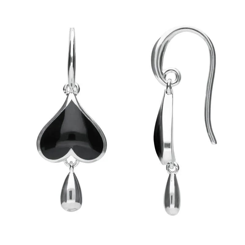 Sterling Silver Whitby Jet Inverted Heart Teardrop Hook Earrings