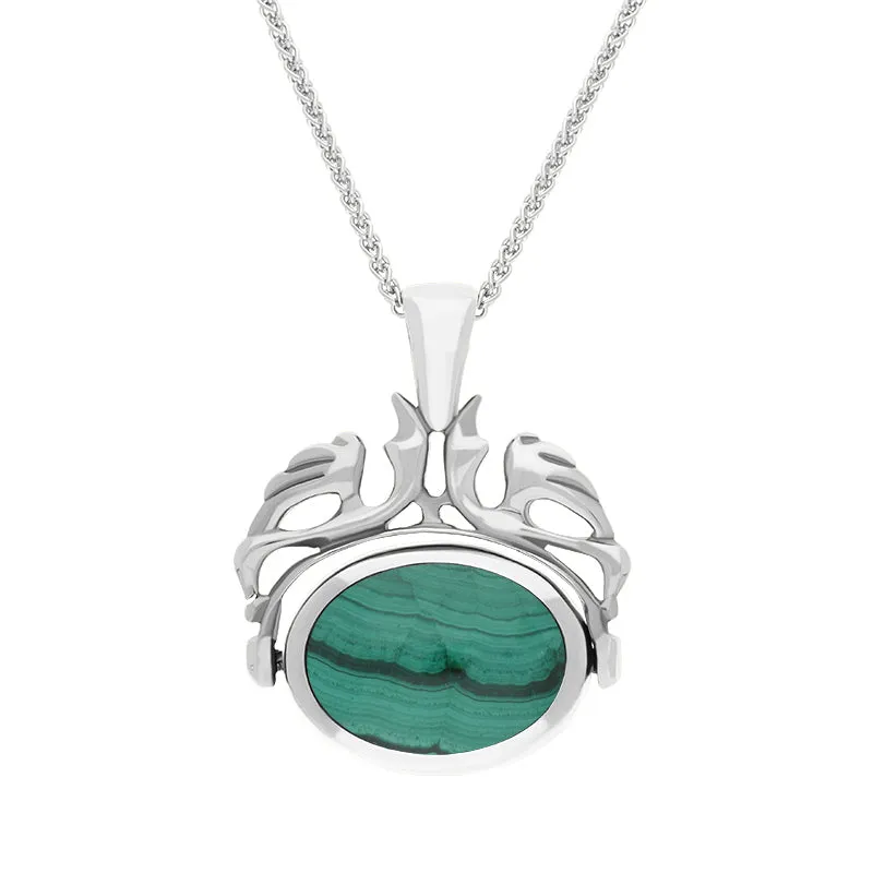Sterling Silver Whitby Jet Malachite Double Sided Oval Swivel Fob Necklace