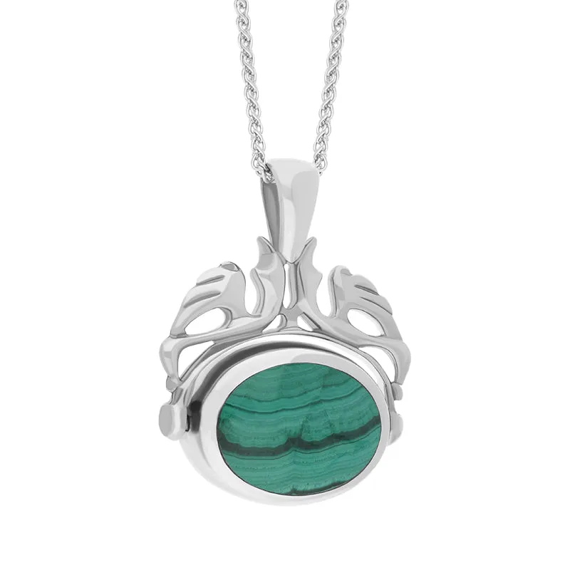 Sterling Silver Whitby Jet Malachite Double Sided Oval Swivel Fob Necklace