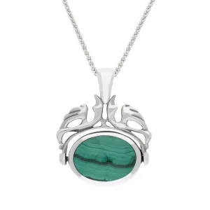 Sterling Silver Whitby Jet Malachite Double Sided Oval Swivel Fob Necklace
