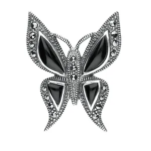Sterling Silver Whitby Jet Marcasite Butterfly Brooch