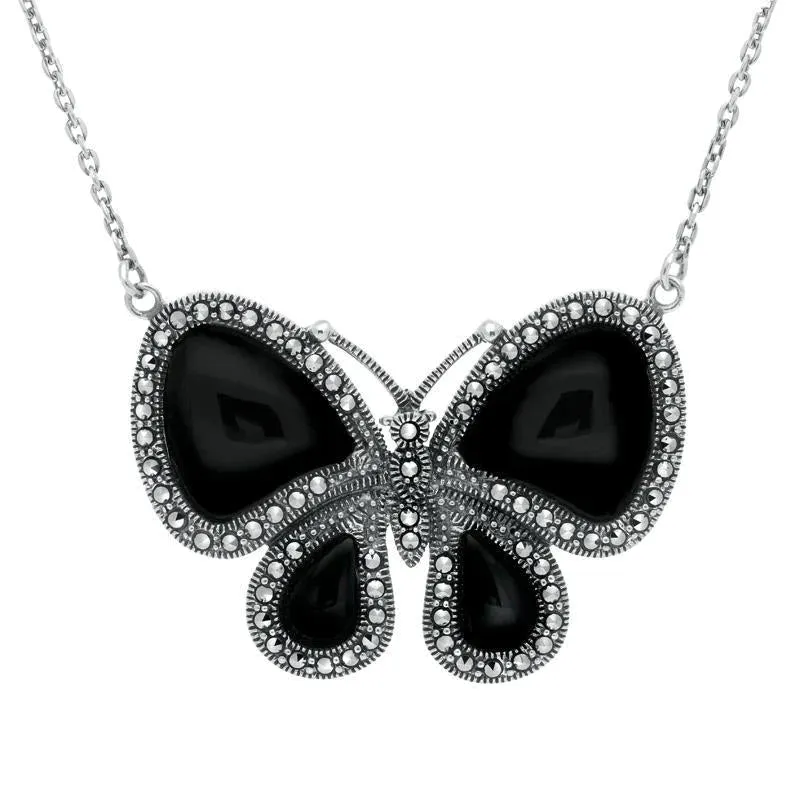 Sterling Silver Whitby Jet Marcasite Butterfly Necklace