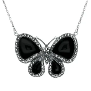 Sterling Silver Whitby Jet Marcasite Butterfly Necklace