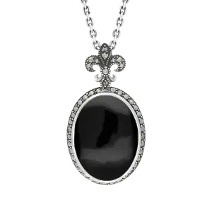 Sterling Silver Whitby Jet Marcasite Fleur De Lis Topped Oval Necklace
