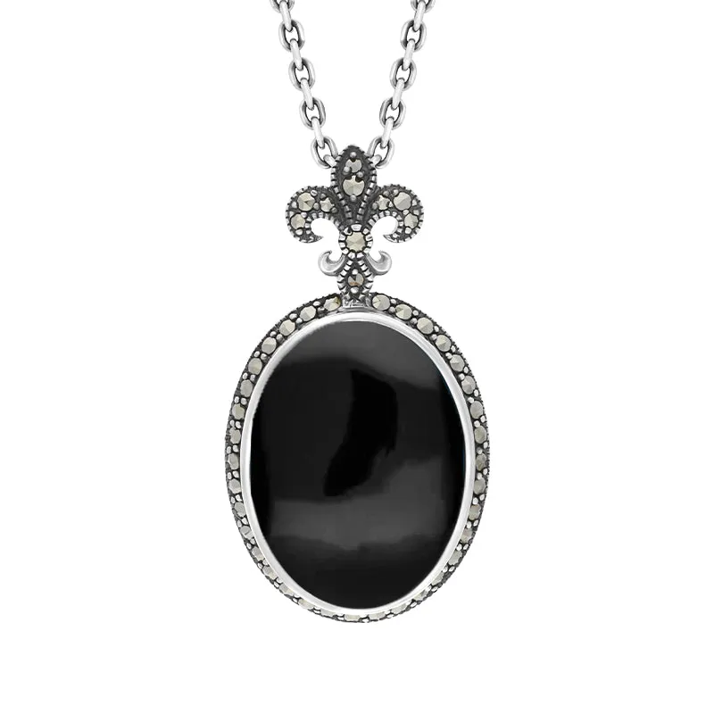Sterling Silver Whitby Jet Marcasite Fleur De Lis Topped Oval Necklace