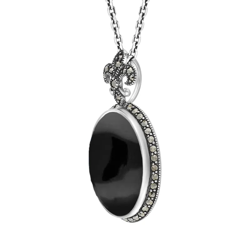 Sterling Silver Whitby Jet Marcasite Fleur De Lis Topped Oval Necklace