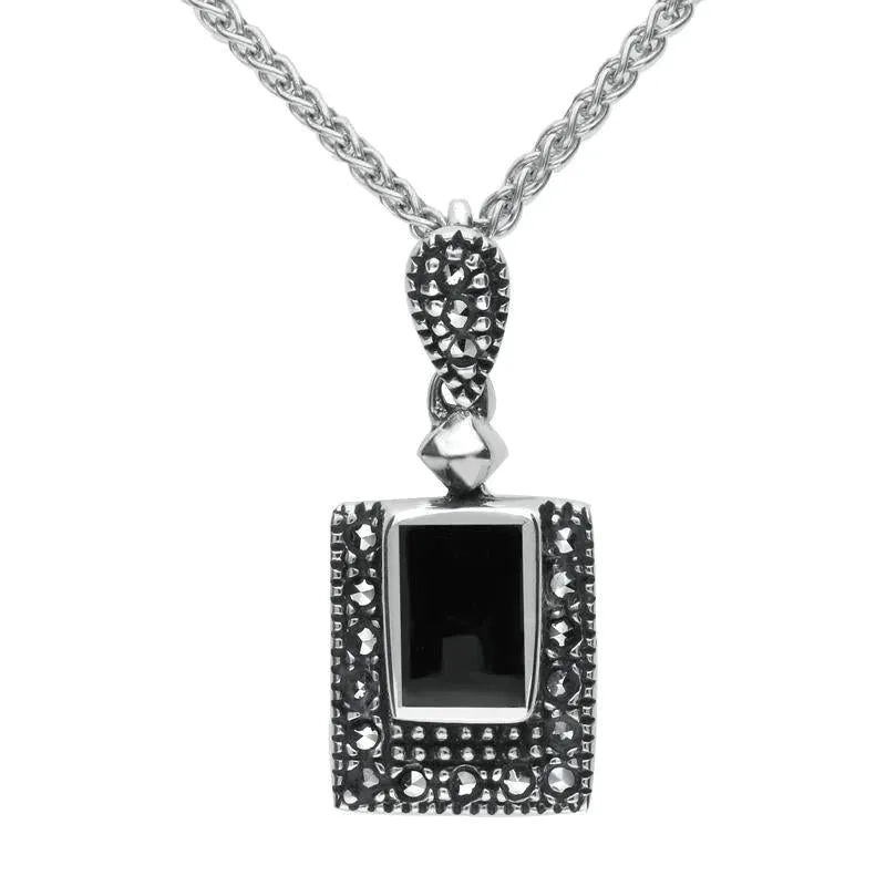 Sterling Silver Whitby Jet Marcasite Framed Oblong Necklace