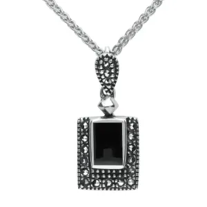 Sterling Silver Whitby Jet Marcasite Framed Oblong Necklace